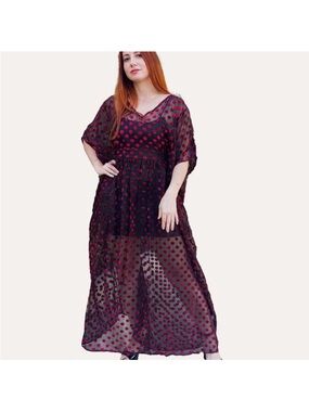 Unique Vintage Sheer Black With Red Polka Dots Burton Kaftan One Size